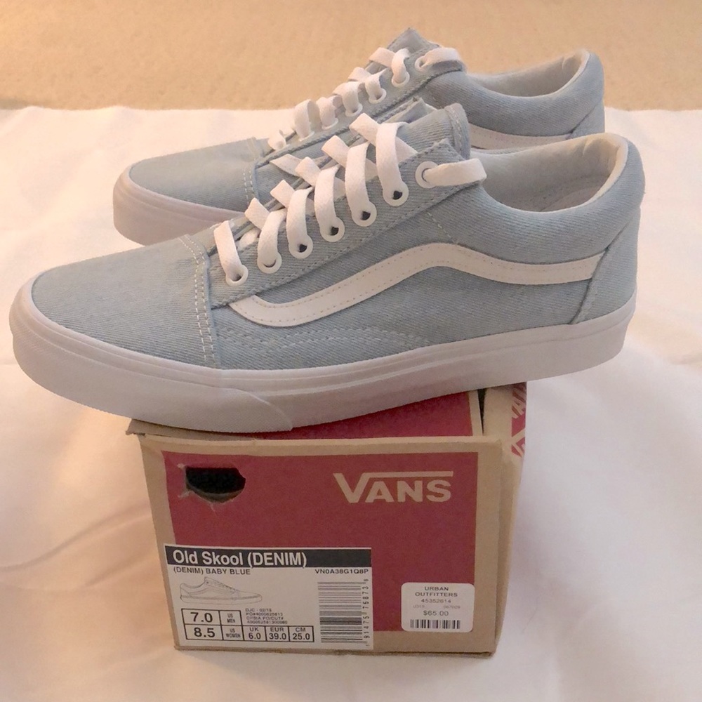 Brand New Denim (Baby Blue) Vans in a size Women 8.5 and Men 7!